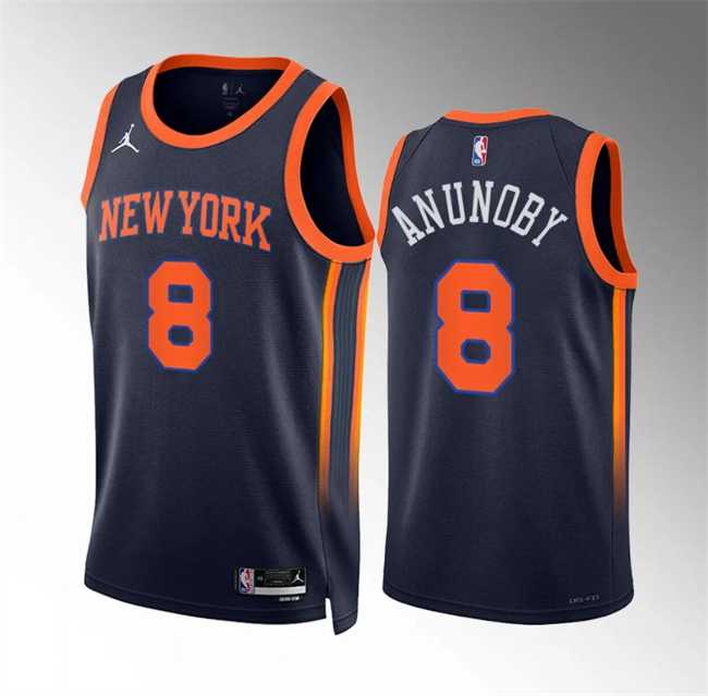 Mens New Yok Knicks #8 OG Anunoby Navy Statement Edition Stitched Basketball Jersey Dzhi
